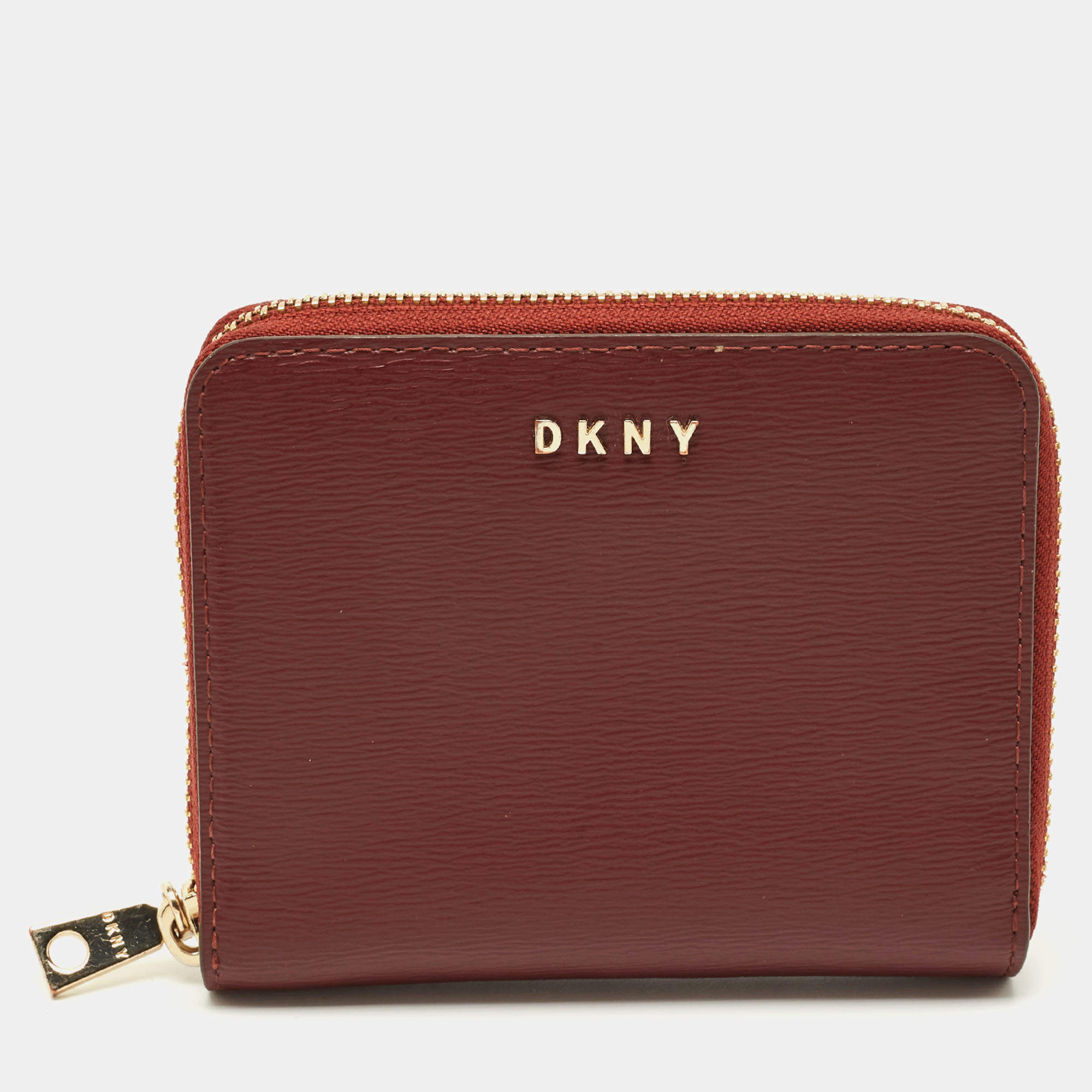 Pre Owned DKNY Burgundy Leather Bryant Zip Around Compact Wallet