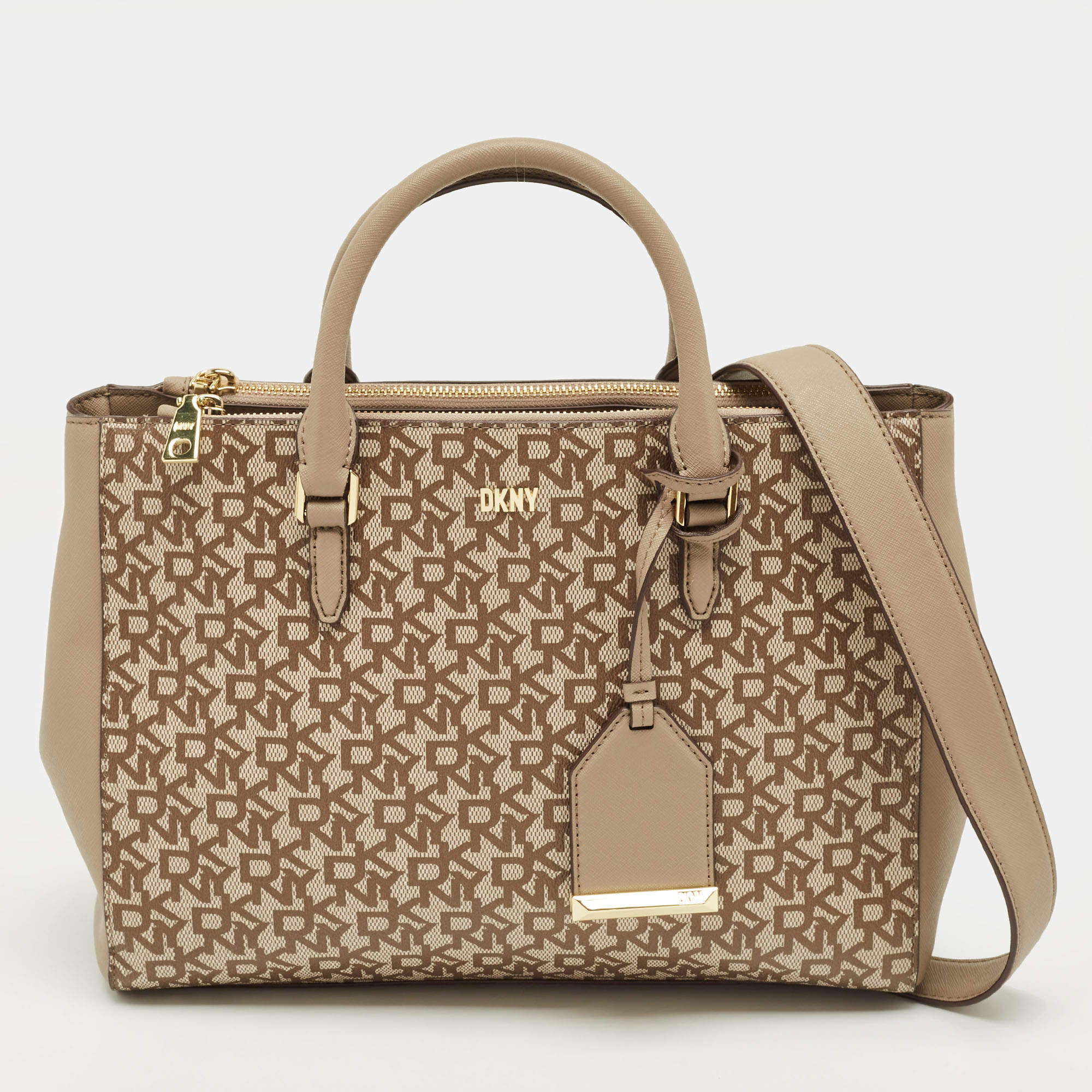 Pre Owned DKNY Beige Signature Coated Canvas Belle Satchel