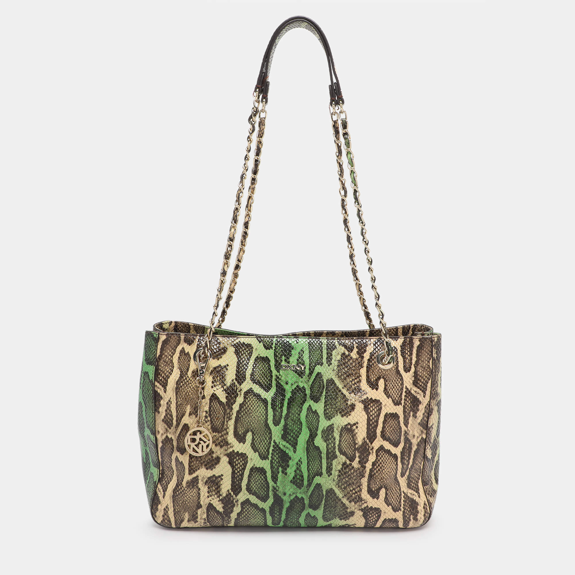 Pre Owned DKNY Green/Beige Python Embossed Leather Chain Tote