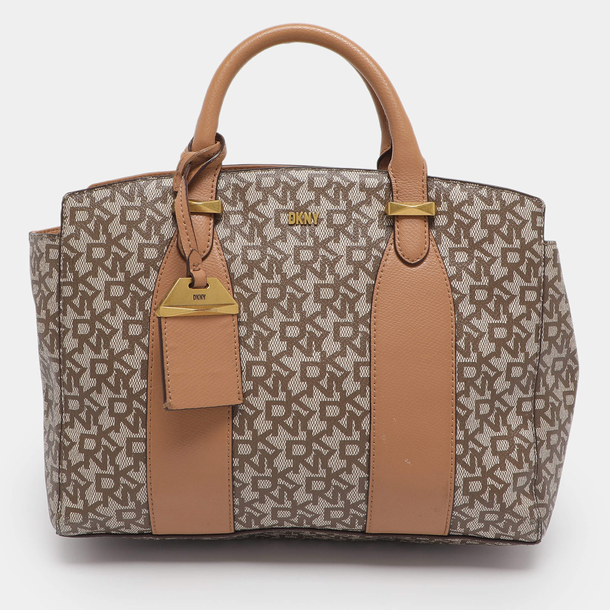 Pre Owned DKNY Beige Coated Canvas and Leather Satchel