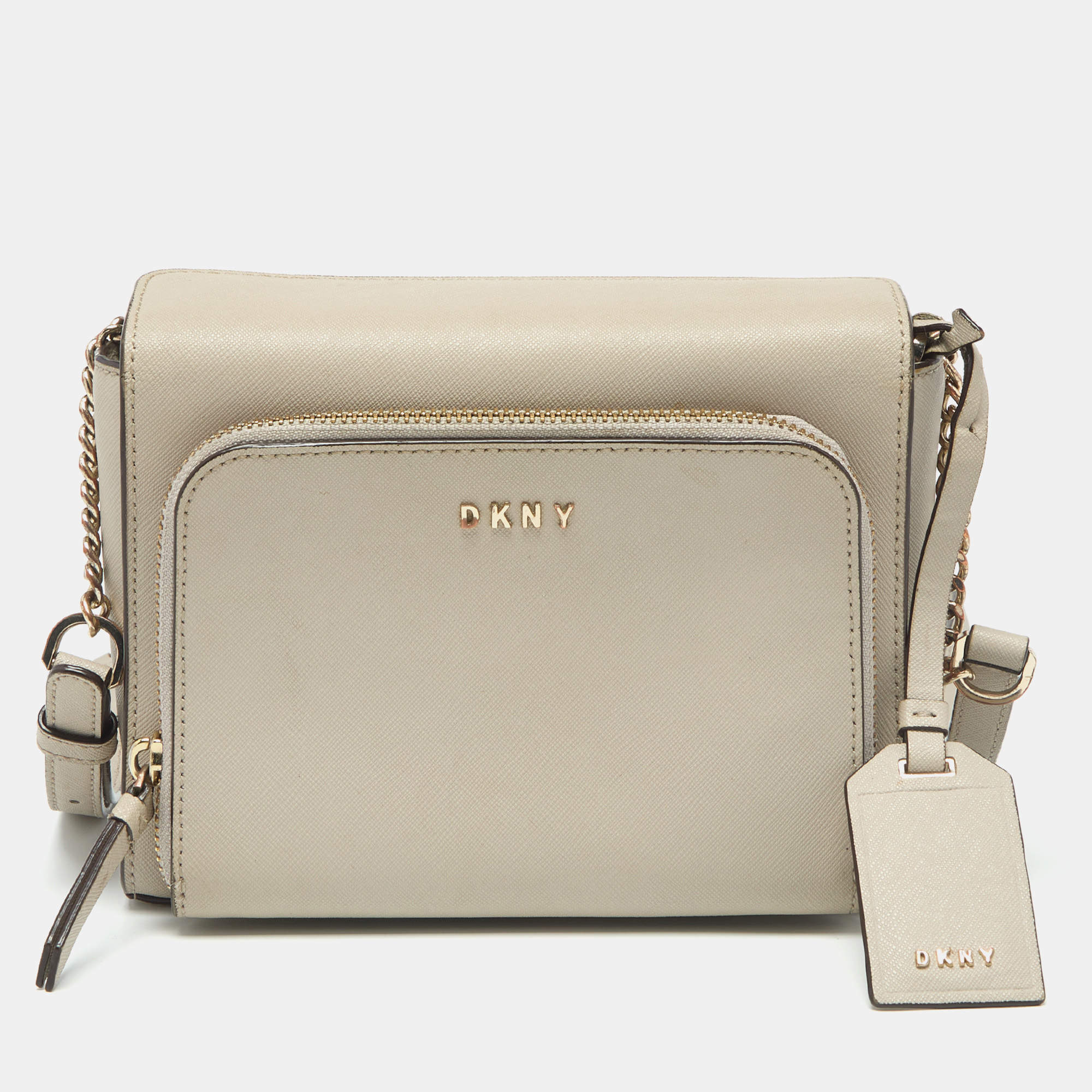 Pre Owned Dkny Light Grey Leather Bryant Park Pocket Crossbody Bag
