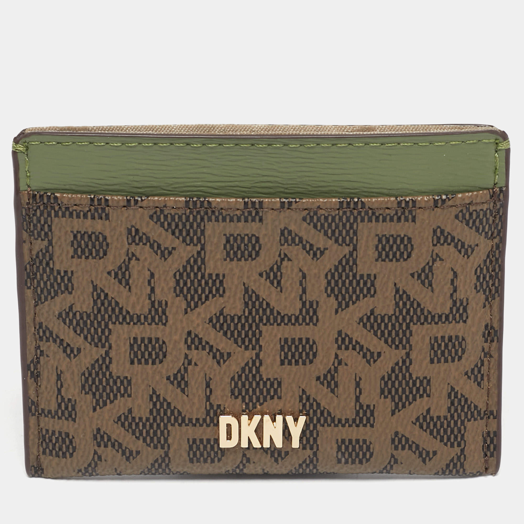 Pre Owned Dkny Brown/Green Monogram Coated Canvas and Leather Logo Card Holder