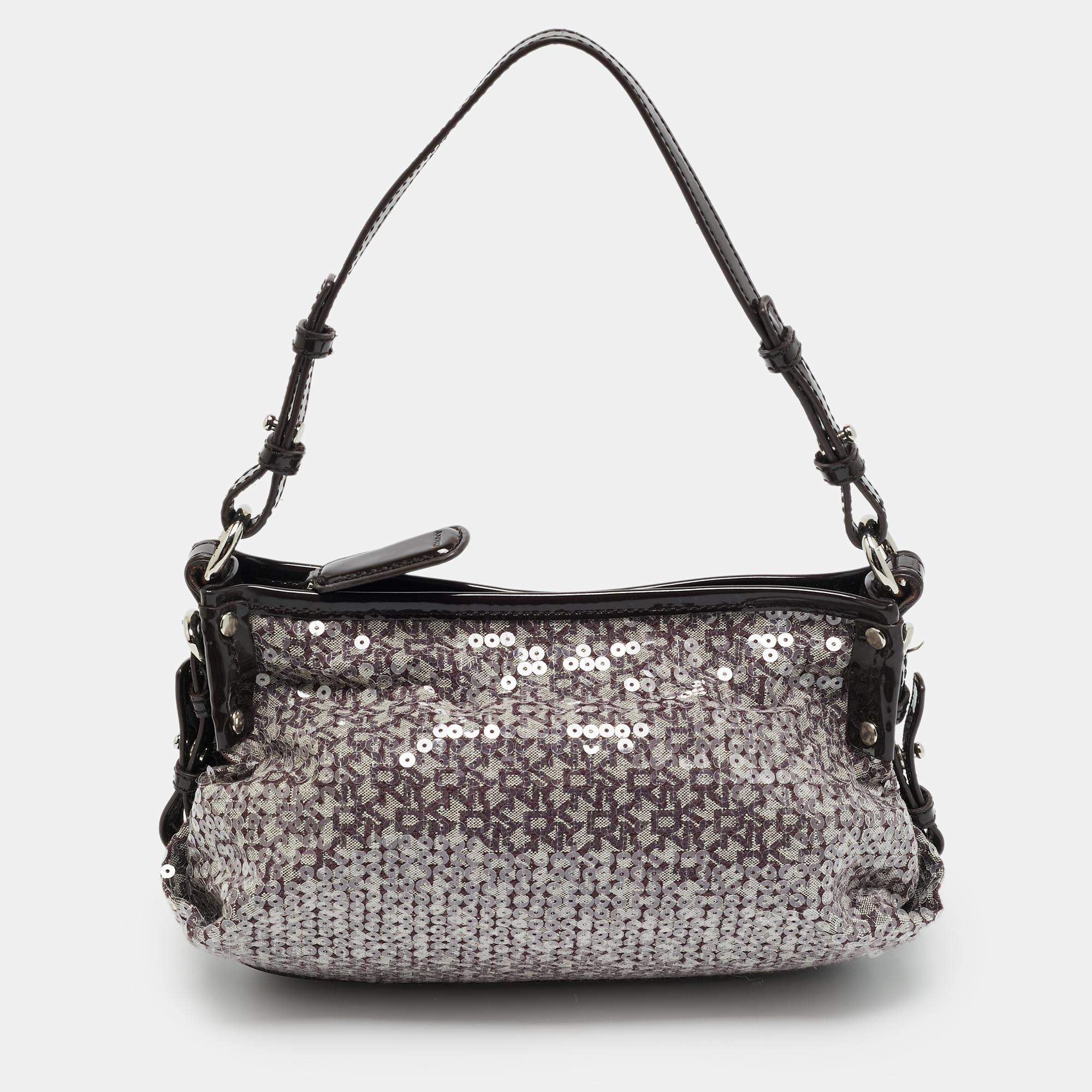 مملوكة مسبقًا DKNY Monogram Plum Fabric, Patent Leather and Sequins Shoulder Bag