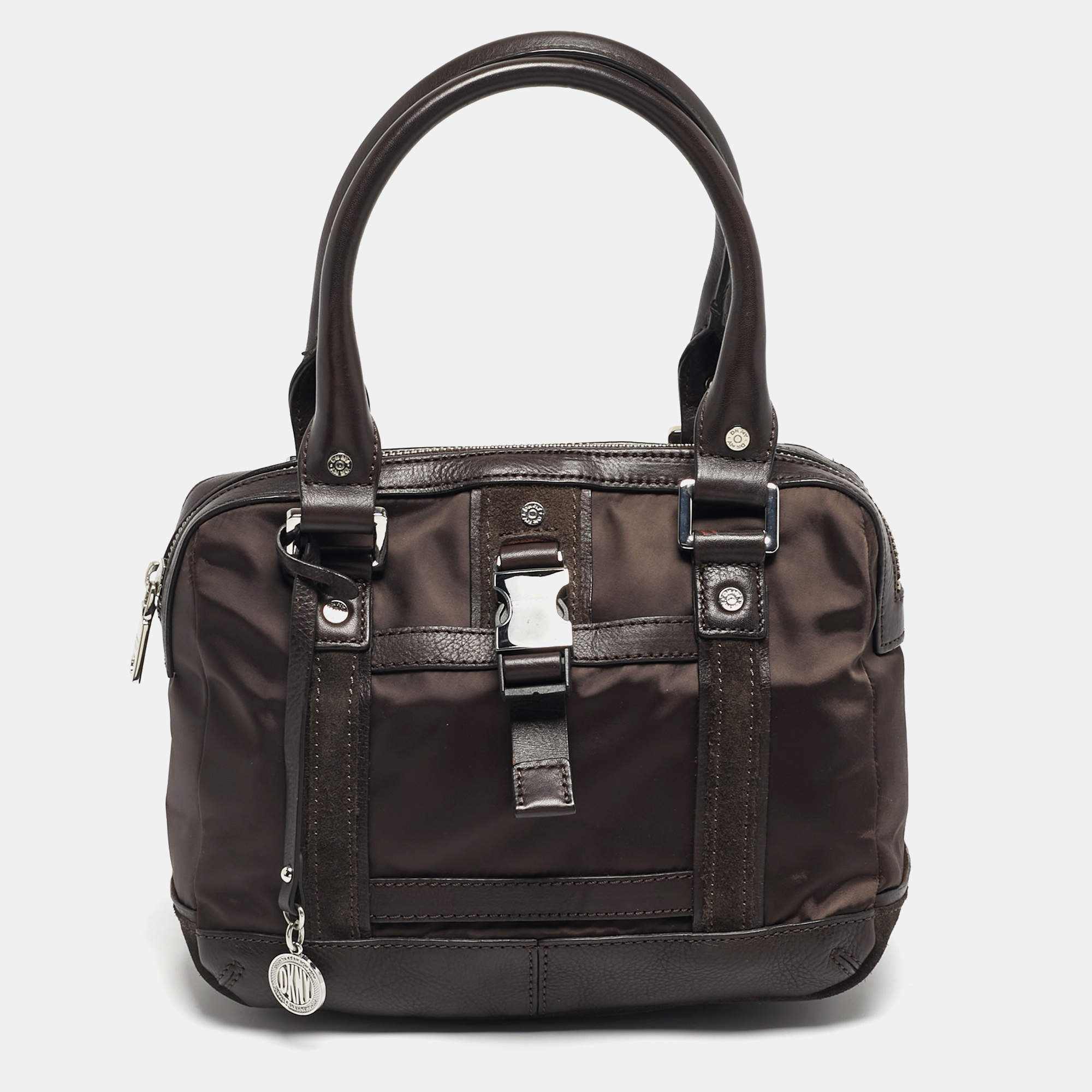 مملوكة مسبقًا DKNY Buckle Brown Nylon and Leather Satchel