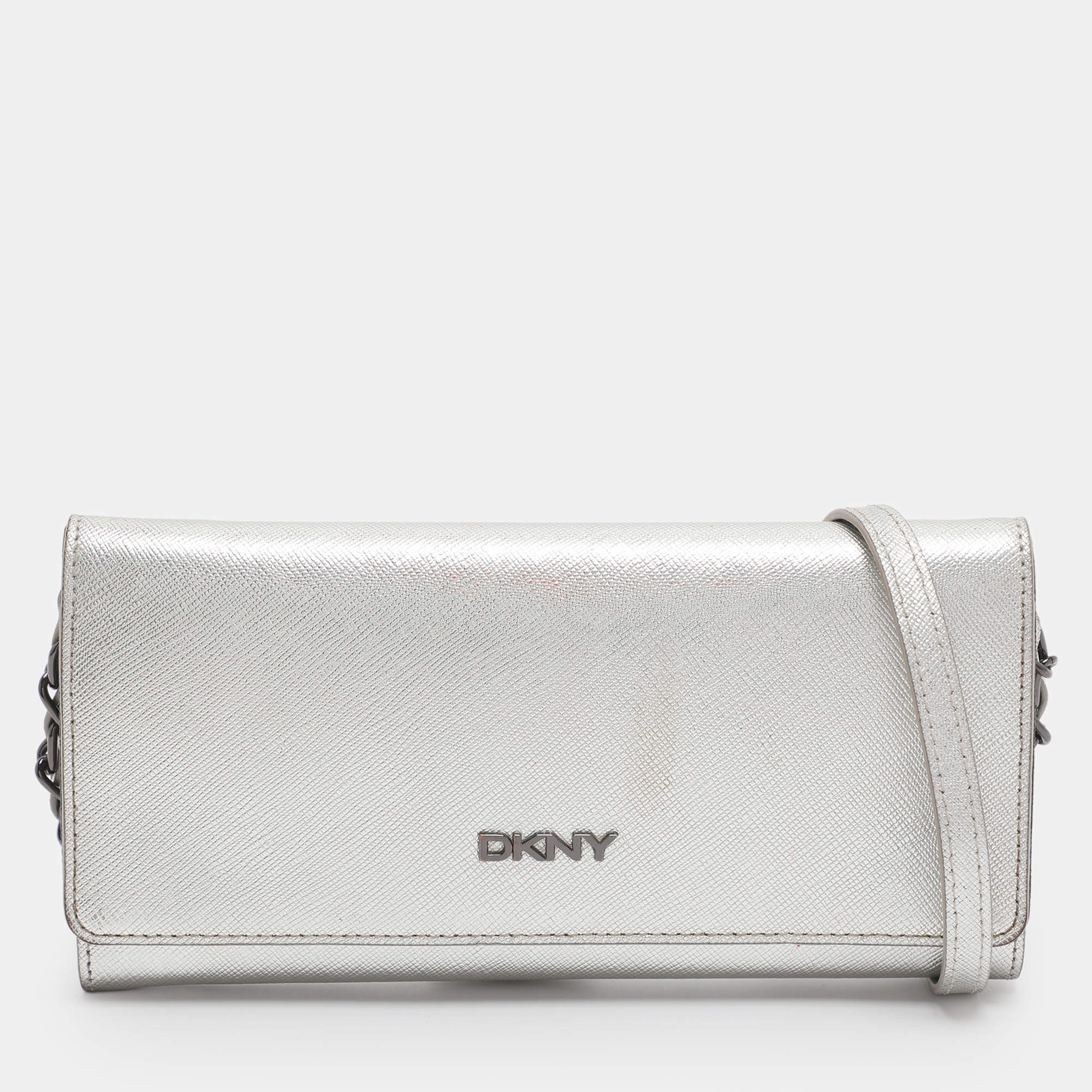 Pre Owned DKNY Flap Silver Leather Wallet On Chain