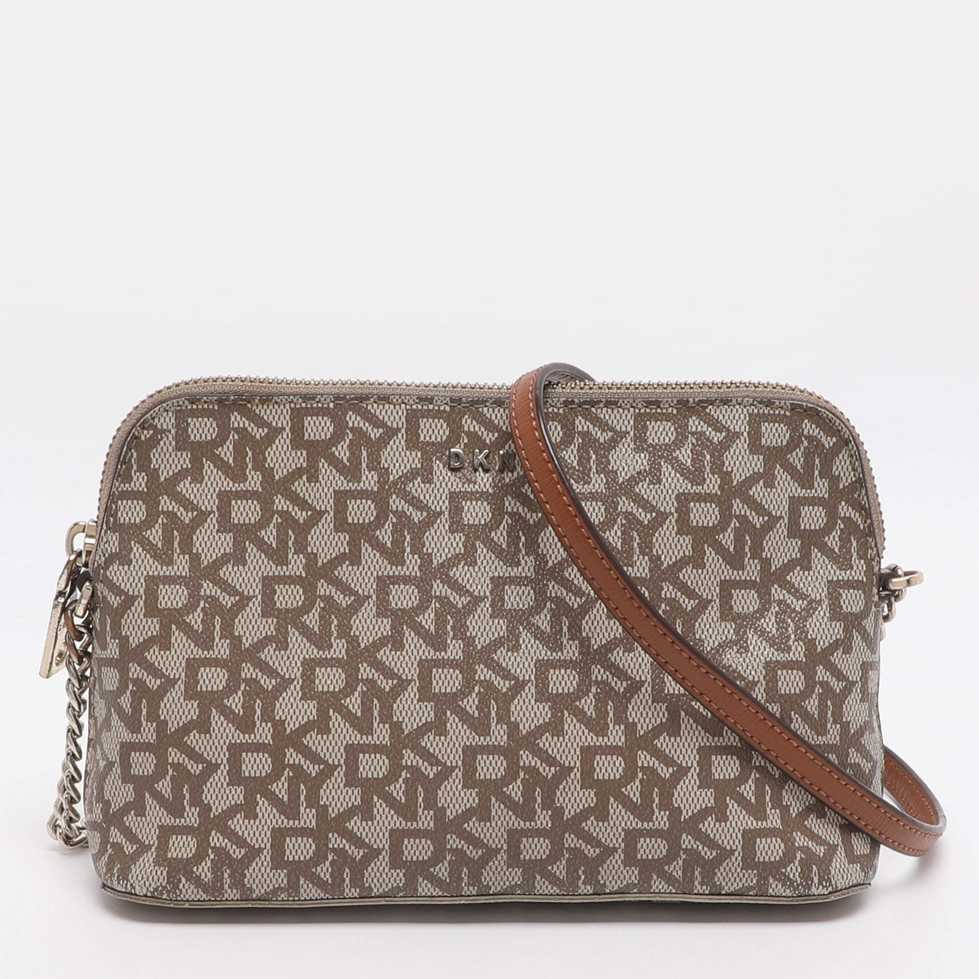 مملوكة مسبقًا DKNY Brown/Beige Signature Coated Canvas Dome Crossbody Bag