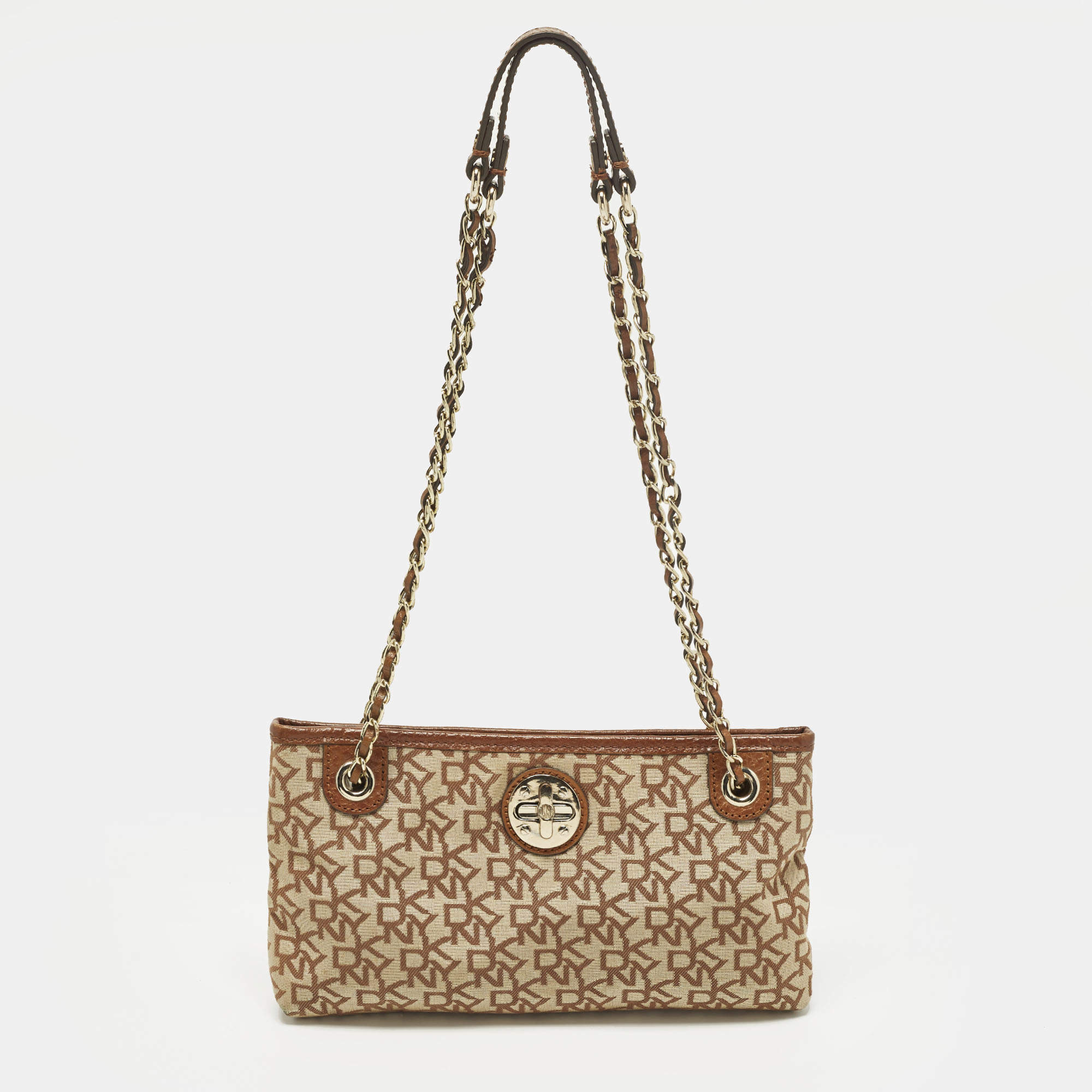 مملوكة مسبقًا DKNY Beige/Brown Signature Canvas and Leather Chain Shoulder Bag