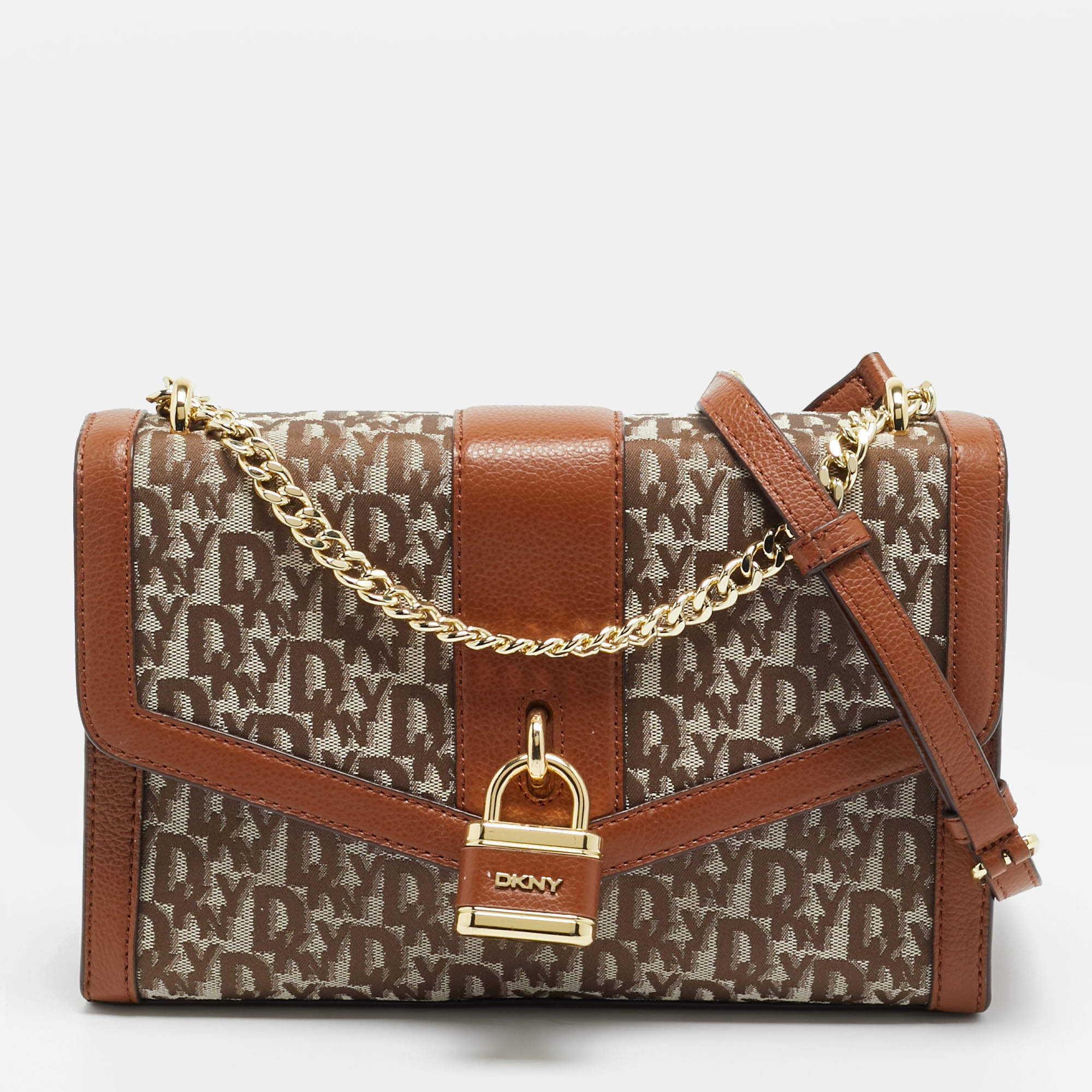 Pre Owned حقيبة كتف دي كي إن واي إيلا كبيرة قماش بنمط الشعار بني/بيج وجلد