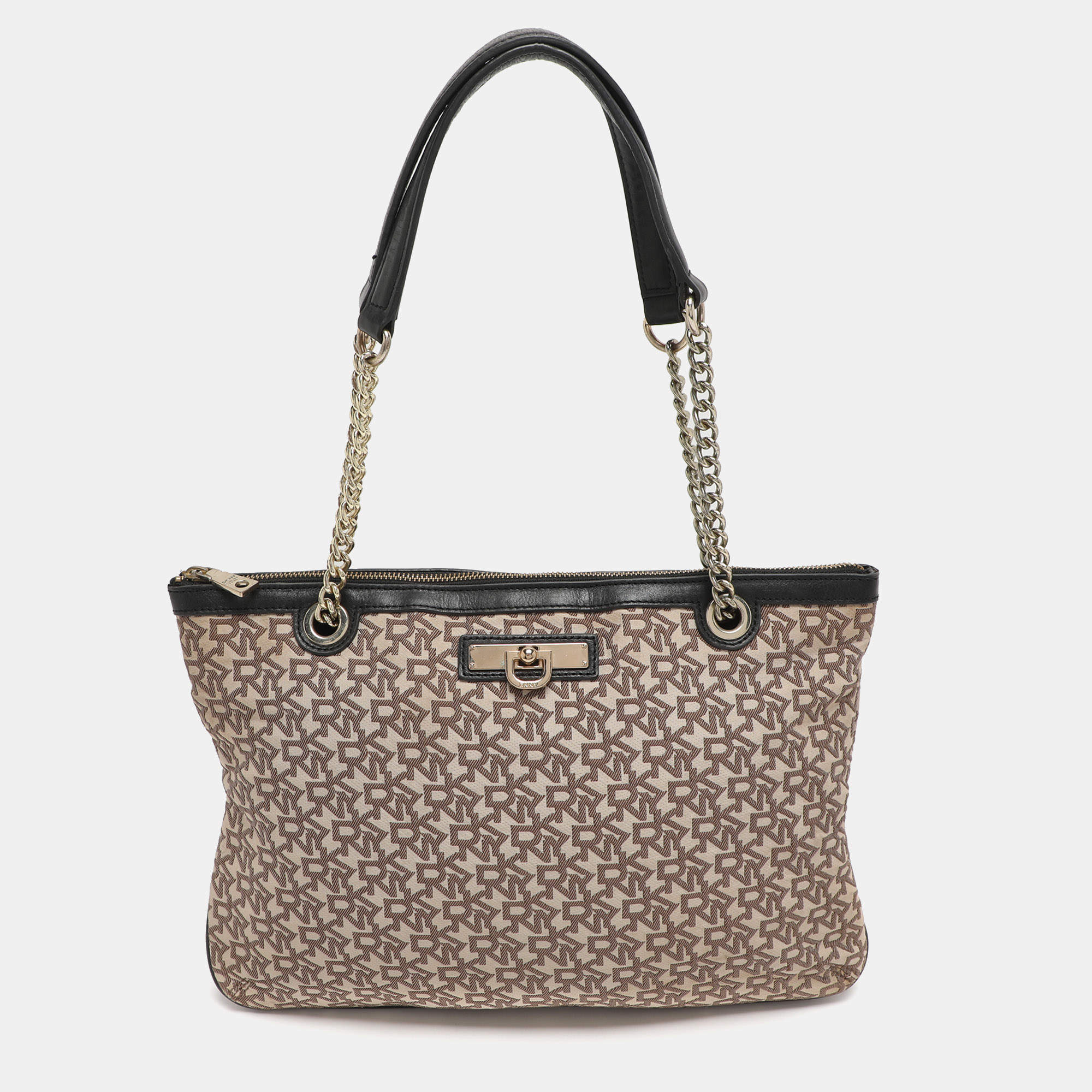 Pre Owned Dkny Bryant Beige/Black Signature Canvas and Leather Shoulder Bags