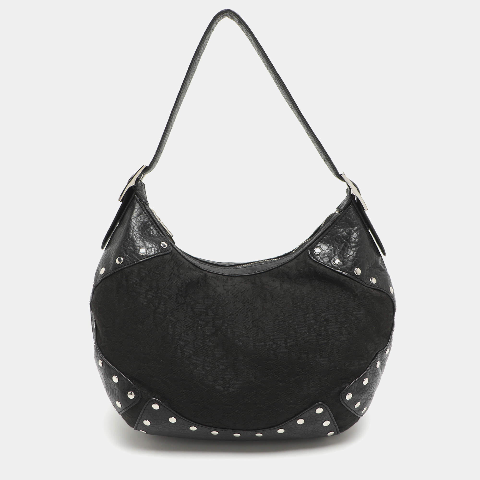 Pre Owned Dkny Black Canvas and Leather Studded Hobo