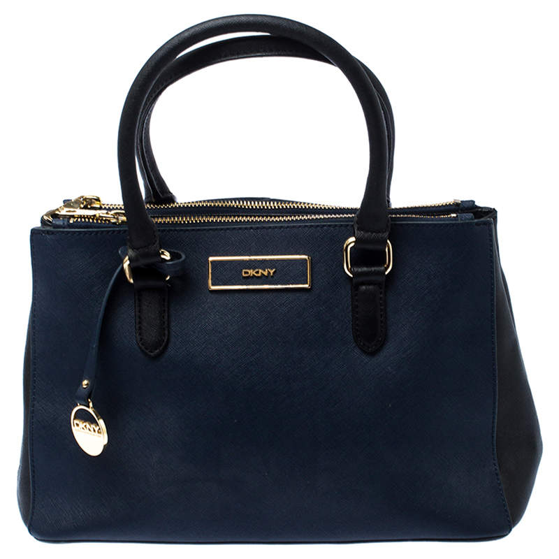 DKNY Saffiano Leather Tote Bag Blu Nero Taglia L 