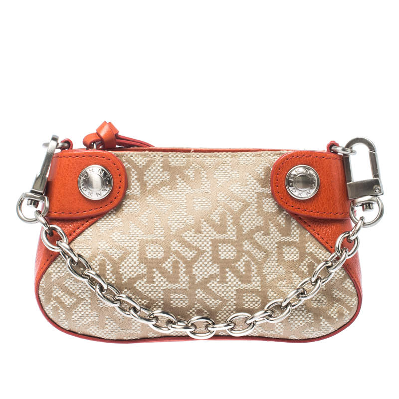 Pre Owned DKNY Orange/Beige Canvas and Leather Chain Purse