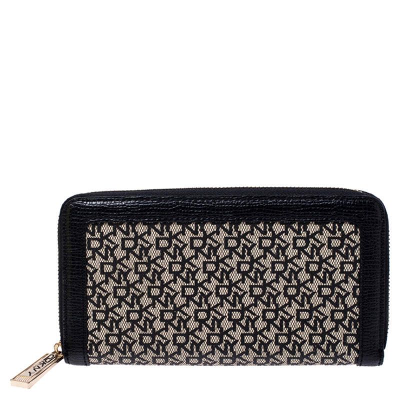 DKNY Beige/Black Canvas and Leather Zip Around Wallet