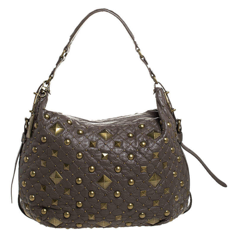 Pre Owned DKNY Taupe Quilted Leather Studded Hobo