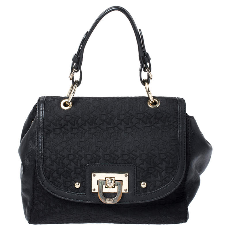 DKNY Black Signature Canvas and Leather Flap Lock Top Handle Bag Dkny ...