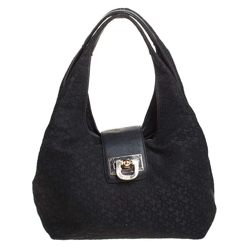 Pre Owned DKNY Black Monogram Fabric Zip Hobo