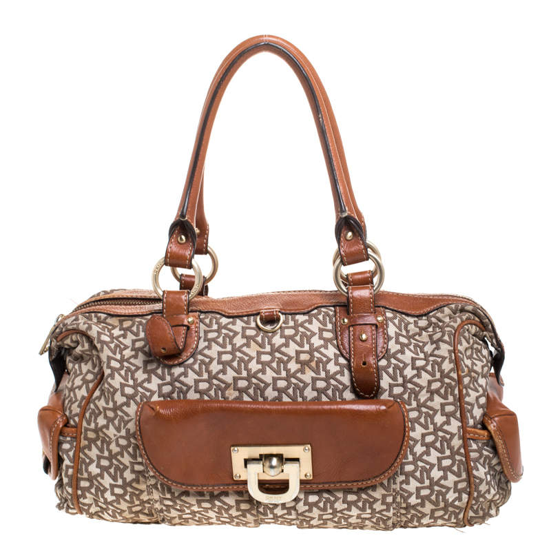 Pre Owned DKNY Beige/Tan Signature Canvas and Leather Satchel