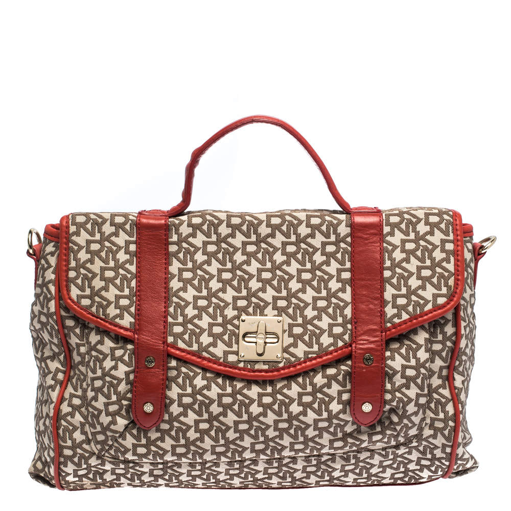 Pre Owned DKNY Red/Brown Monogram Canvas Satchel