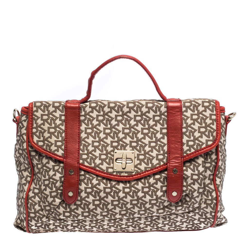 DKNY Red/Brown Monogram Canvas Satchel