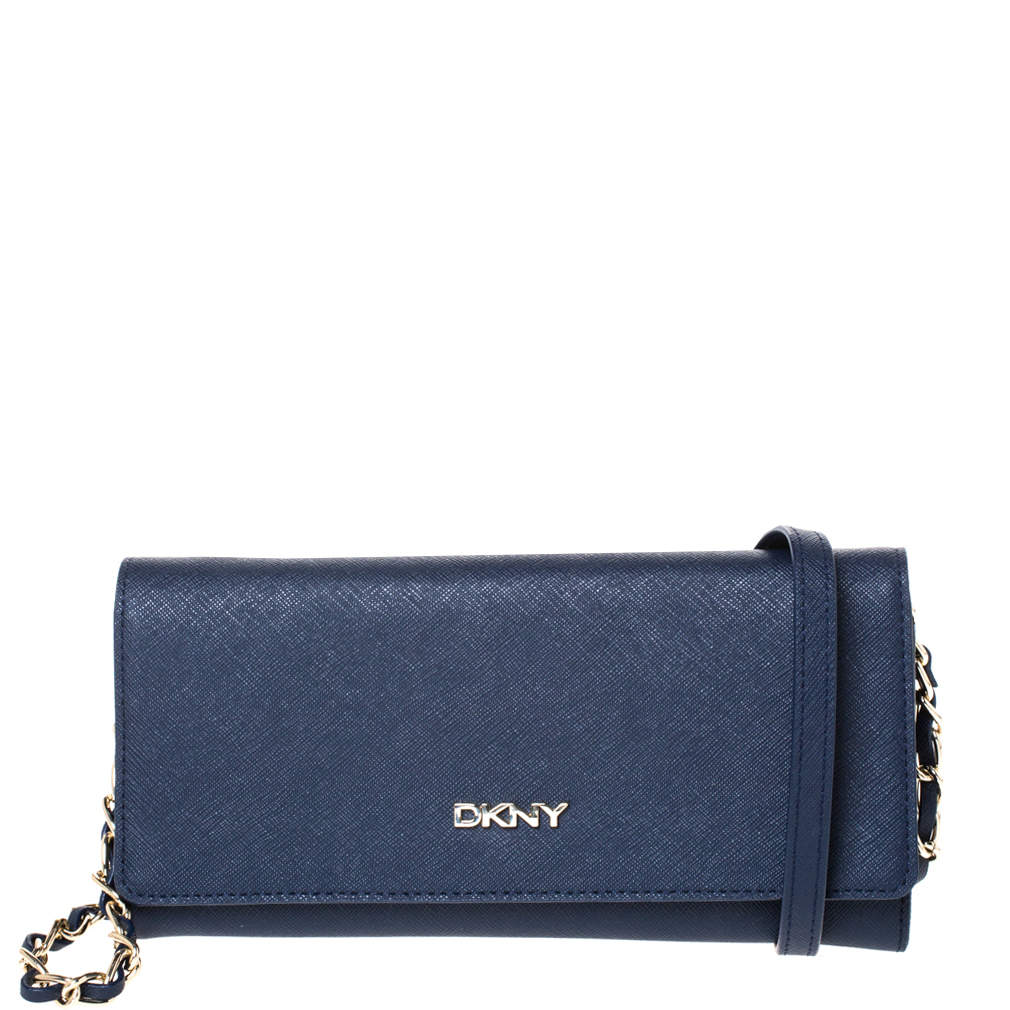 Dkny Navy Blue Leather Flap Wallet On Chain