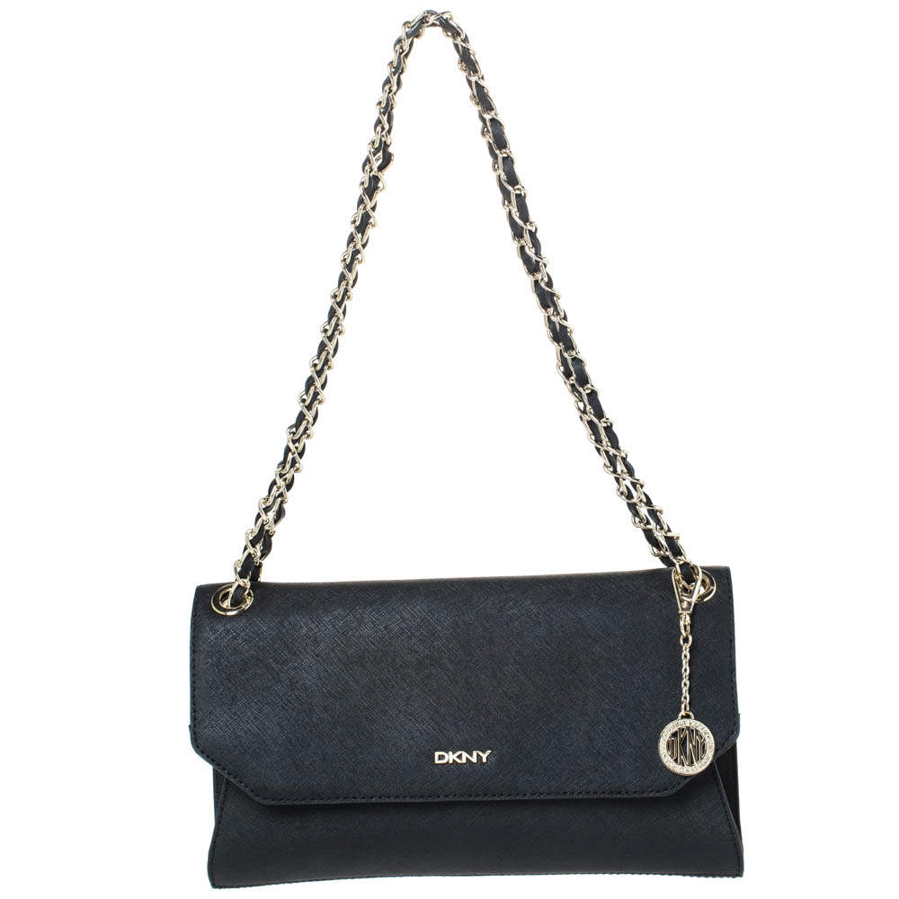 Pre Owned DKNY Black Leather Flap Chain Shoulder Bag