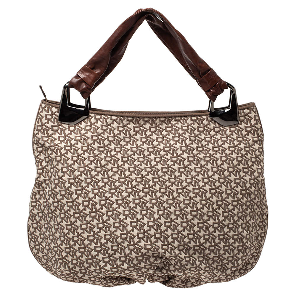 Dkny Beige/Brown Signature Canvas and Leather Hobo