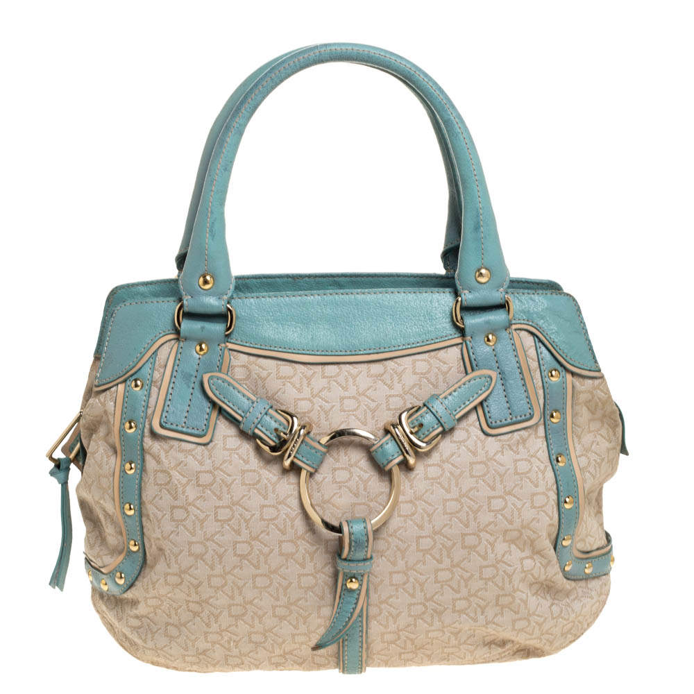 Pre Owned DKNY Beige/Blue Monogram Canvas and Leather Satchel