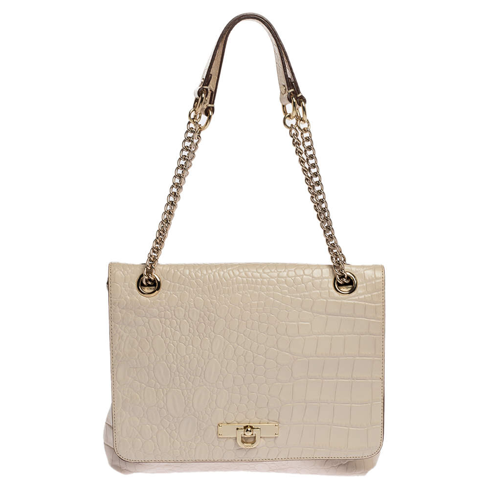 Dkny White Croc Embossed Leather Flap Shoulder Bag Dkny | The Luxury Closet