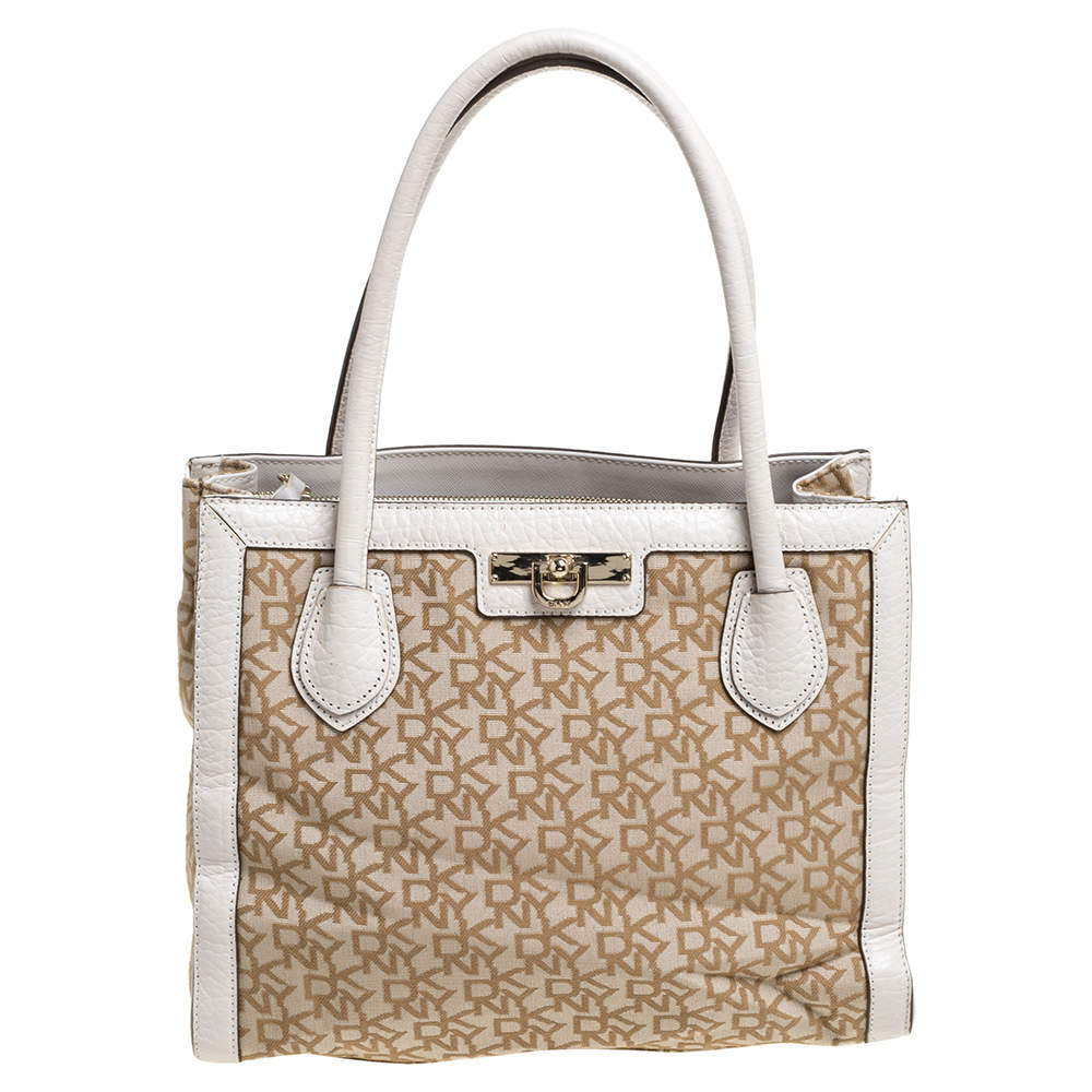 Pre Owned DKNY Beige Signature Canvas and Leather Zip Tote