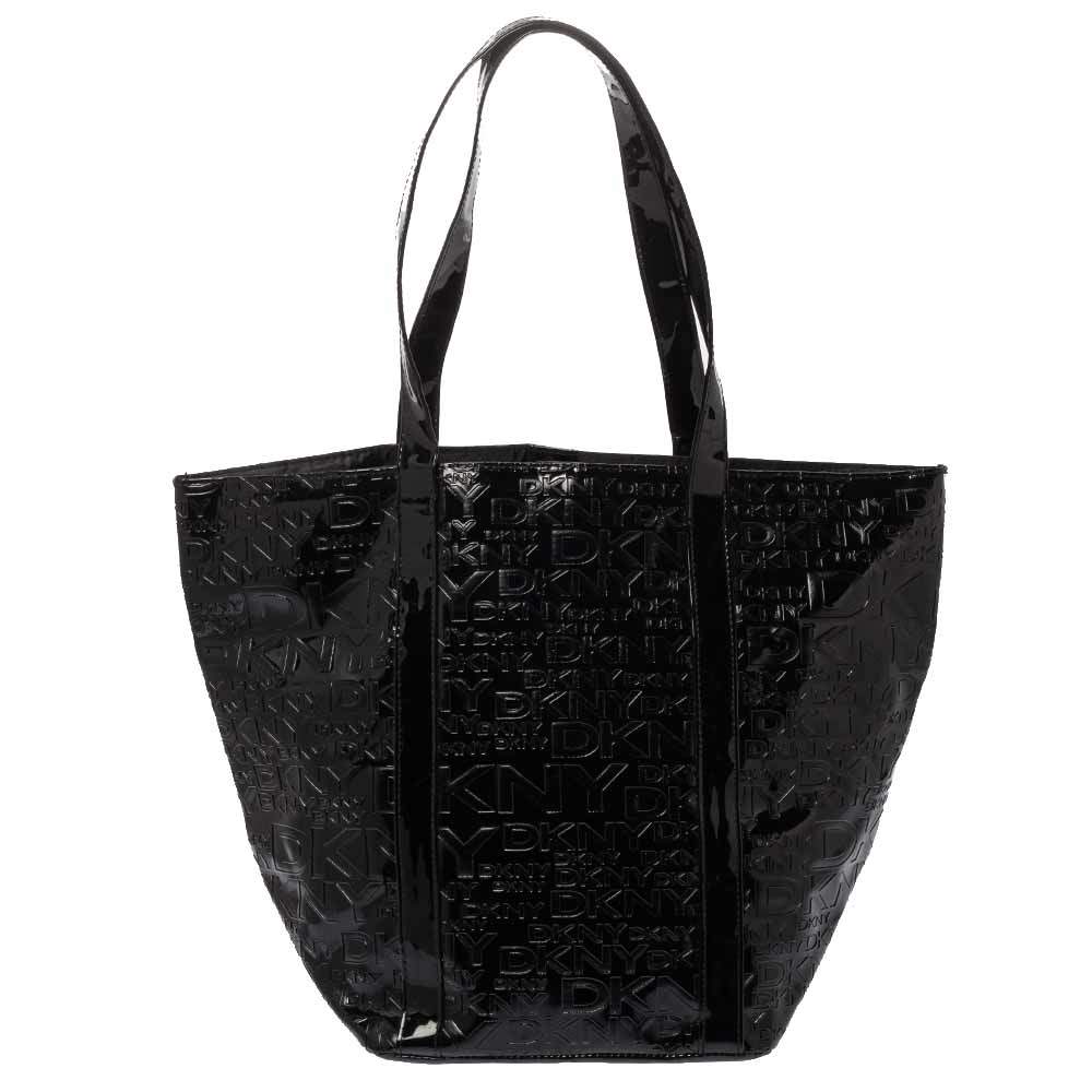 Dkny Black Embossed Logo Patent Leather Shopper Tote
