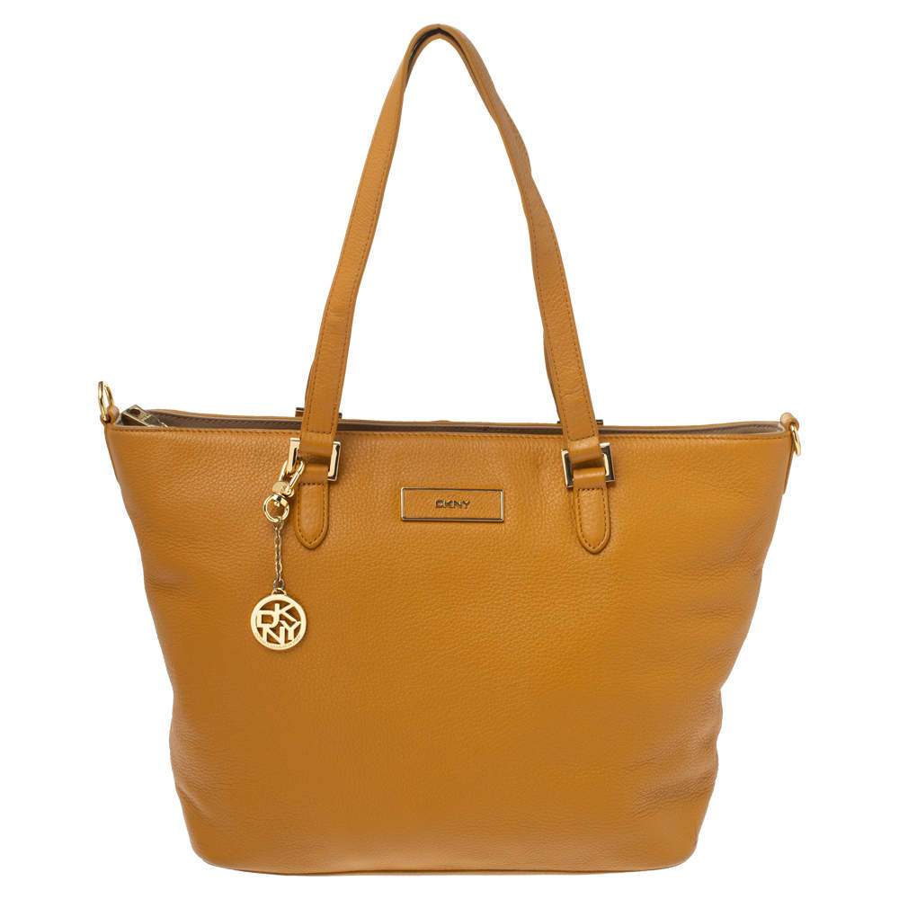 Pre Owned Dkny Mustard Leather Zip Tote