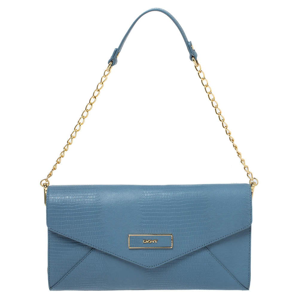 Pre Owned Dkny Blue Croc Embossed Leather Chain Shoulder Bag