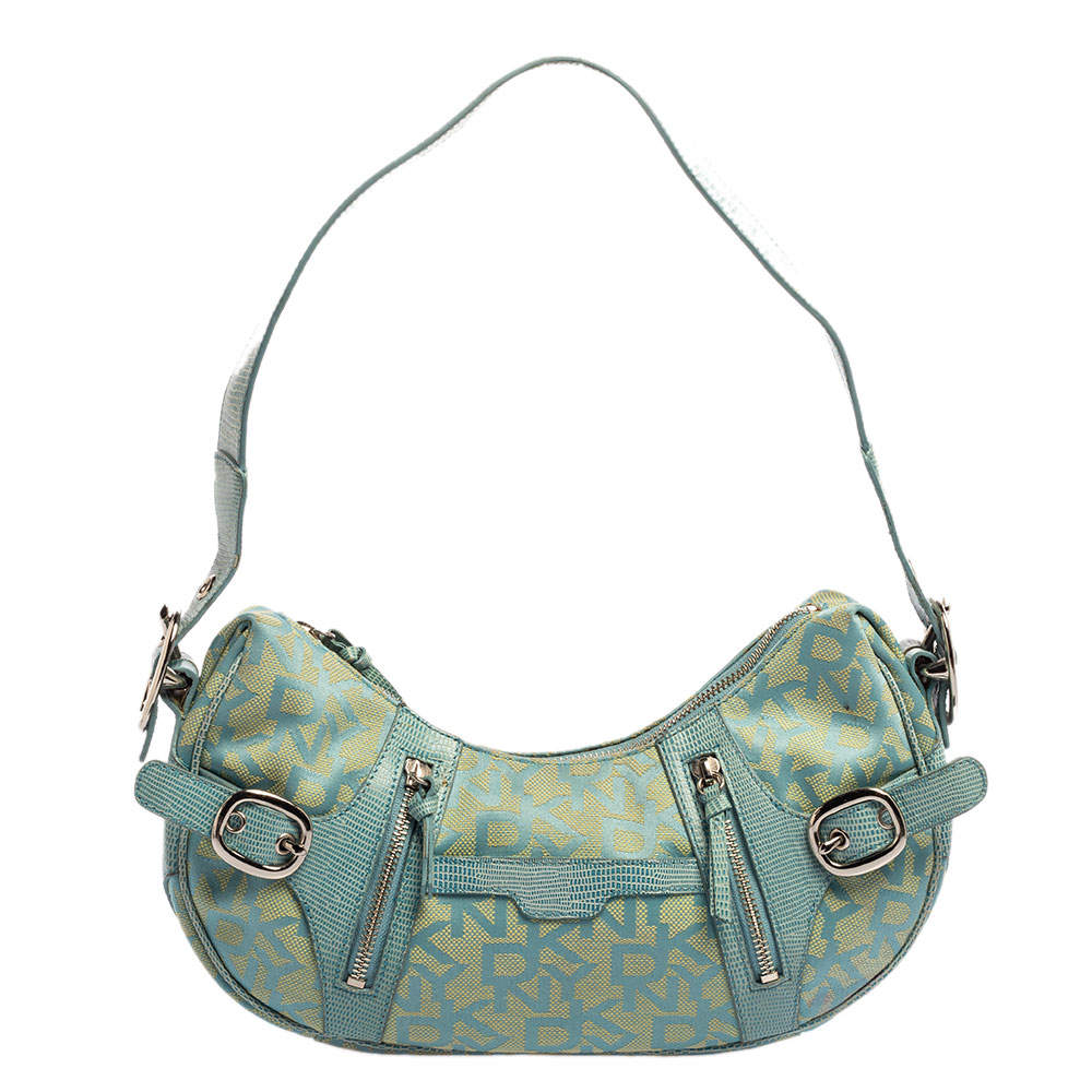 Dkny Blue/Yellow Monogram Canvas and Lizard Embossed Leather Hobo