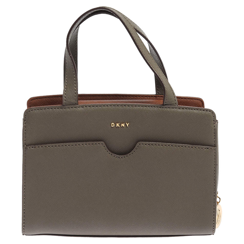 Pre Owned Dkny Khaki Green Leather Front Pocket Satchel 