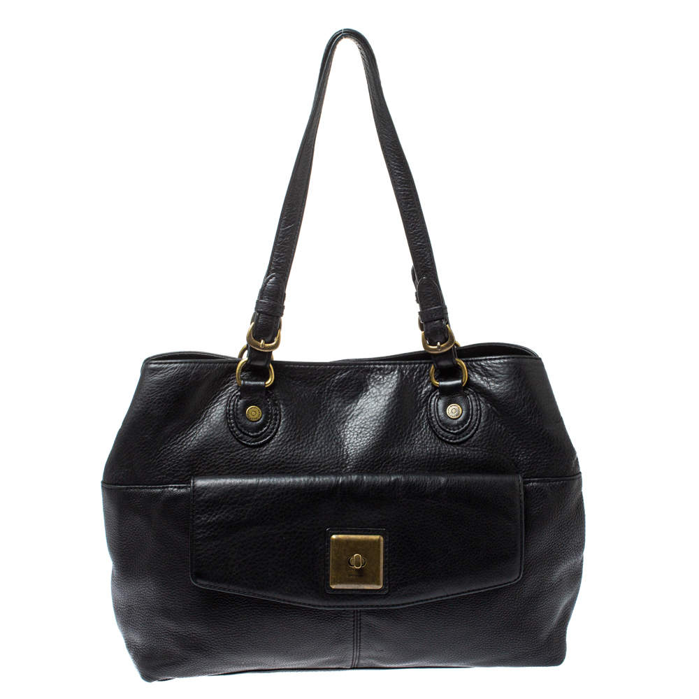 Pre Owned Dkny Black Leather Turnlock Pocket Tote