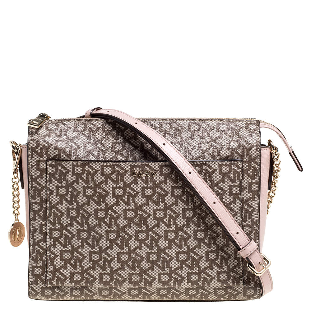 Pre Owned Dkny Beige/Pink Coated Canvas and Leather Crossbody Bag