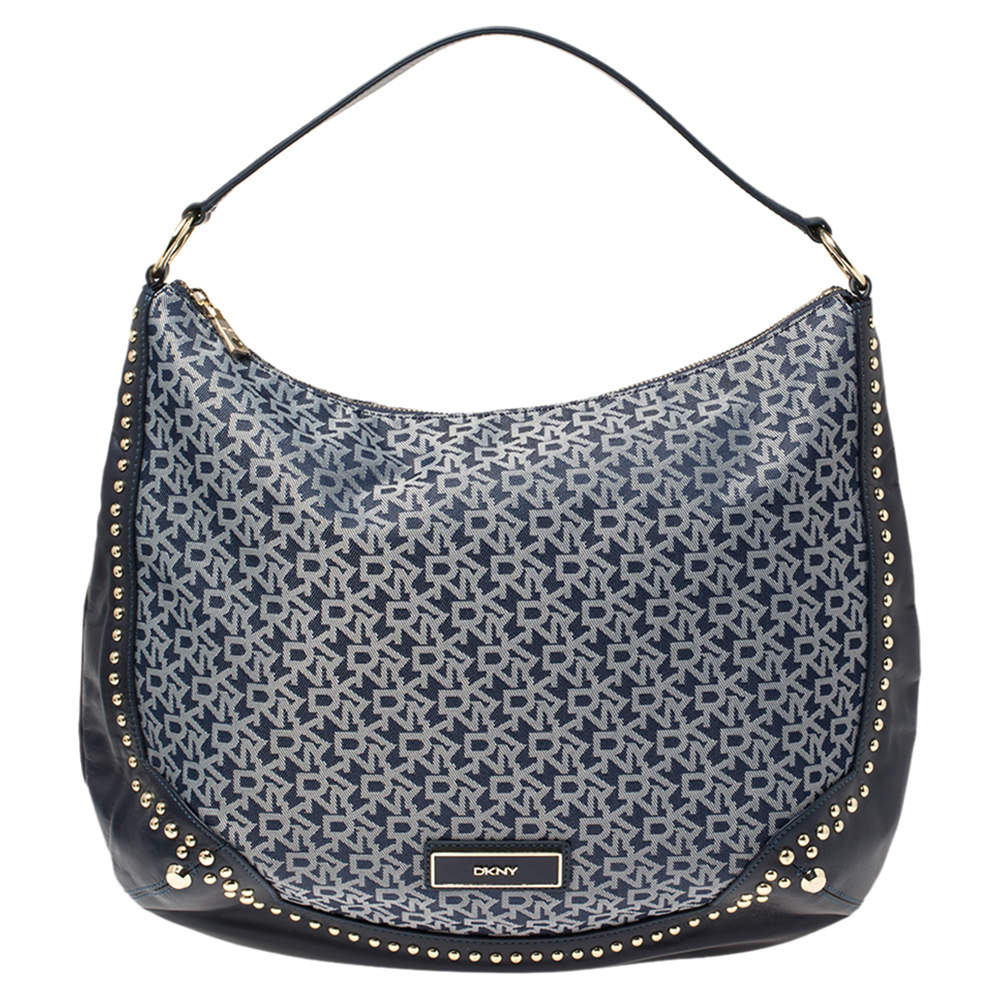 Pre Owned حقيبة دي كي إن واي دينم أزرق بالشعار وجلد مرصعة