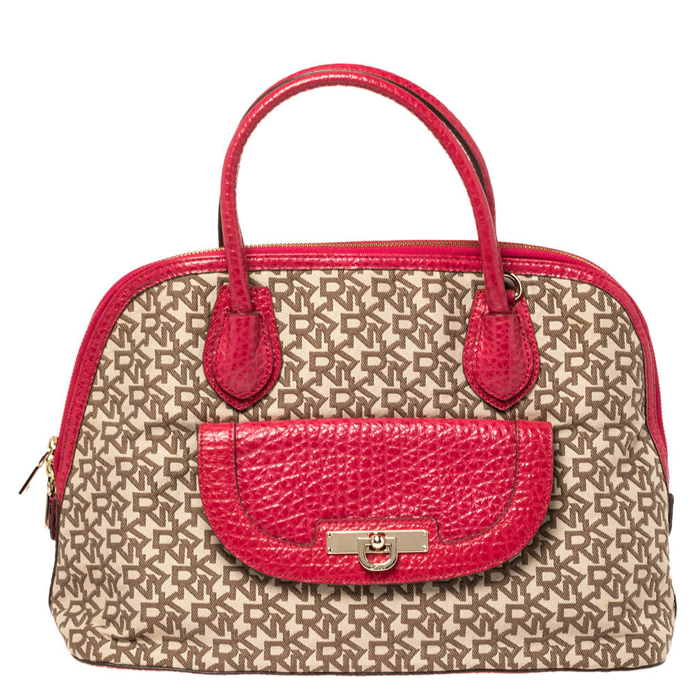 Dkny Beige/Pink Monogram Canvas and Leather Dome Satchel