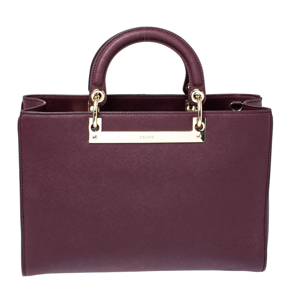مملوكة مسبقًا Dkny Burgundy Leather Logo Plague Zip Tote