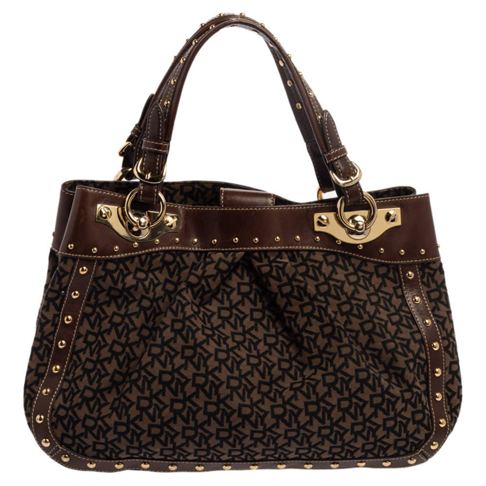 Dkny Brown/Black Signature Canvas and Leather Studded Satchel