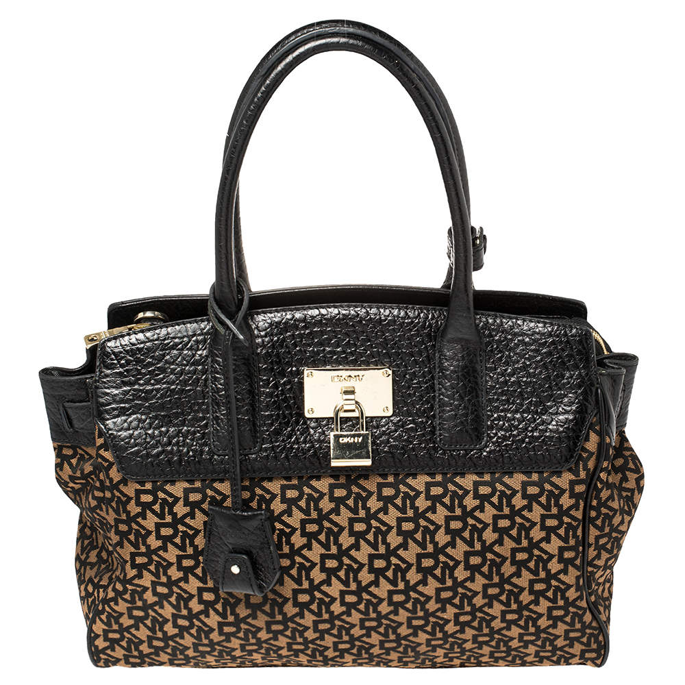 Dkny Black/Brown Signature Canvas and Leather Padlock Tote