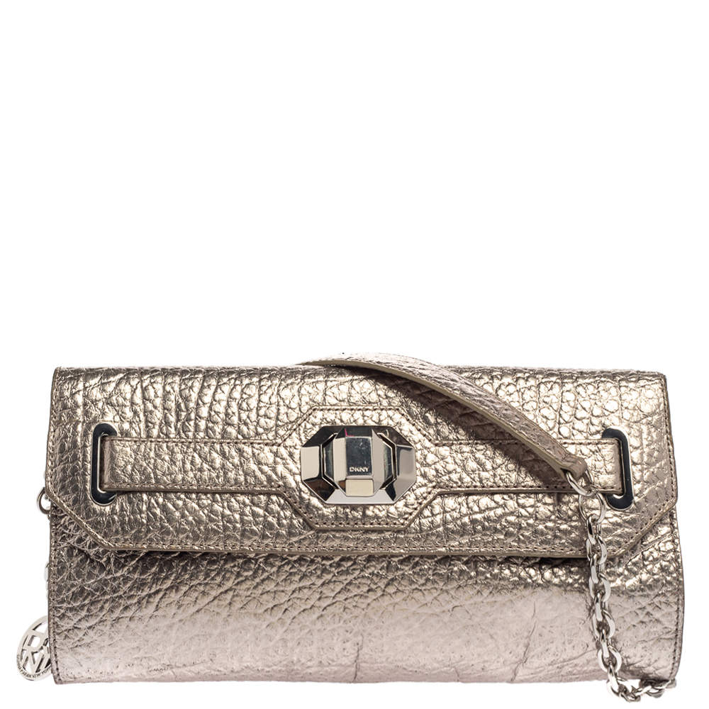 Pre Owned DKNY Metallic Grey Leather Flap Chain Clutch