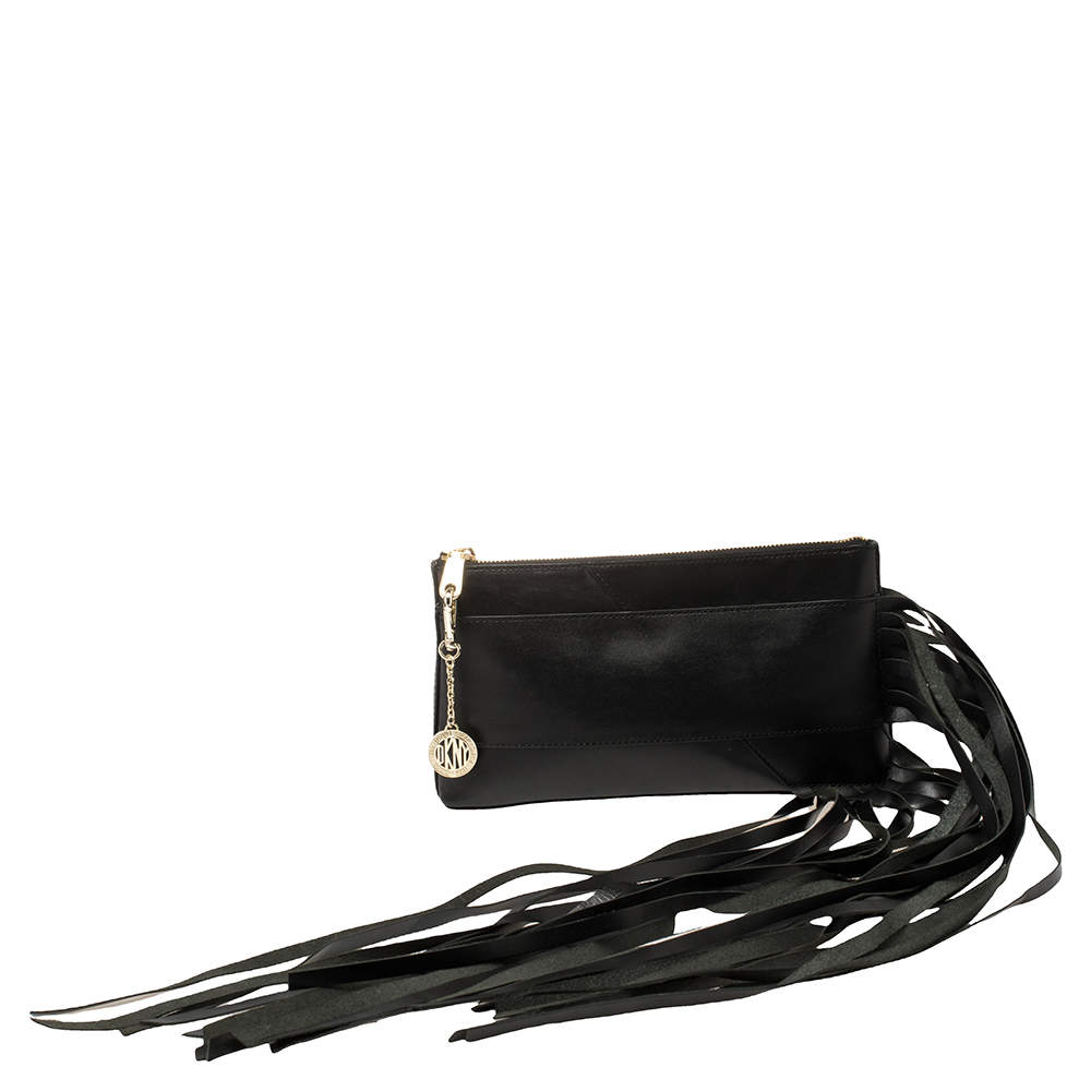 Pre Owned DKNY Black Leather Fringe Clutch