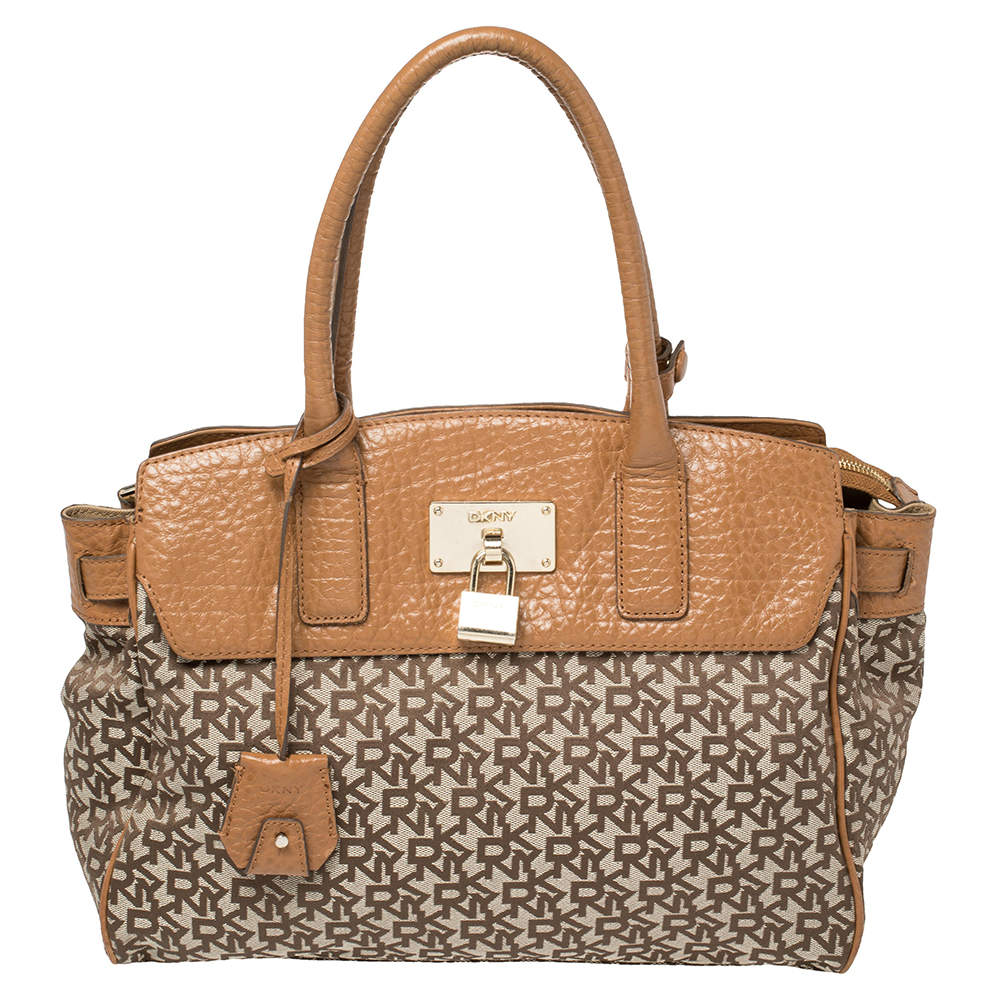 Dkny Beige/Brown Signature Canvas and Leather Heritage Lock Tote