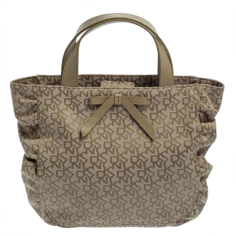 Dkny Pale Green/Beige Monogram Canvas and Lizard Embossed Bow Tote
