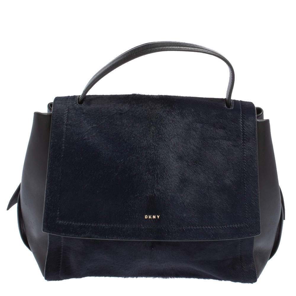 Pre Owned DKNY Blue/Black Calf Hair and Leather Greenwich Top Handle Bag