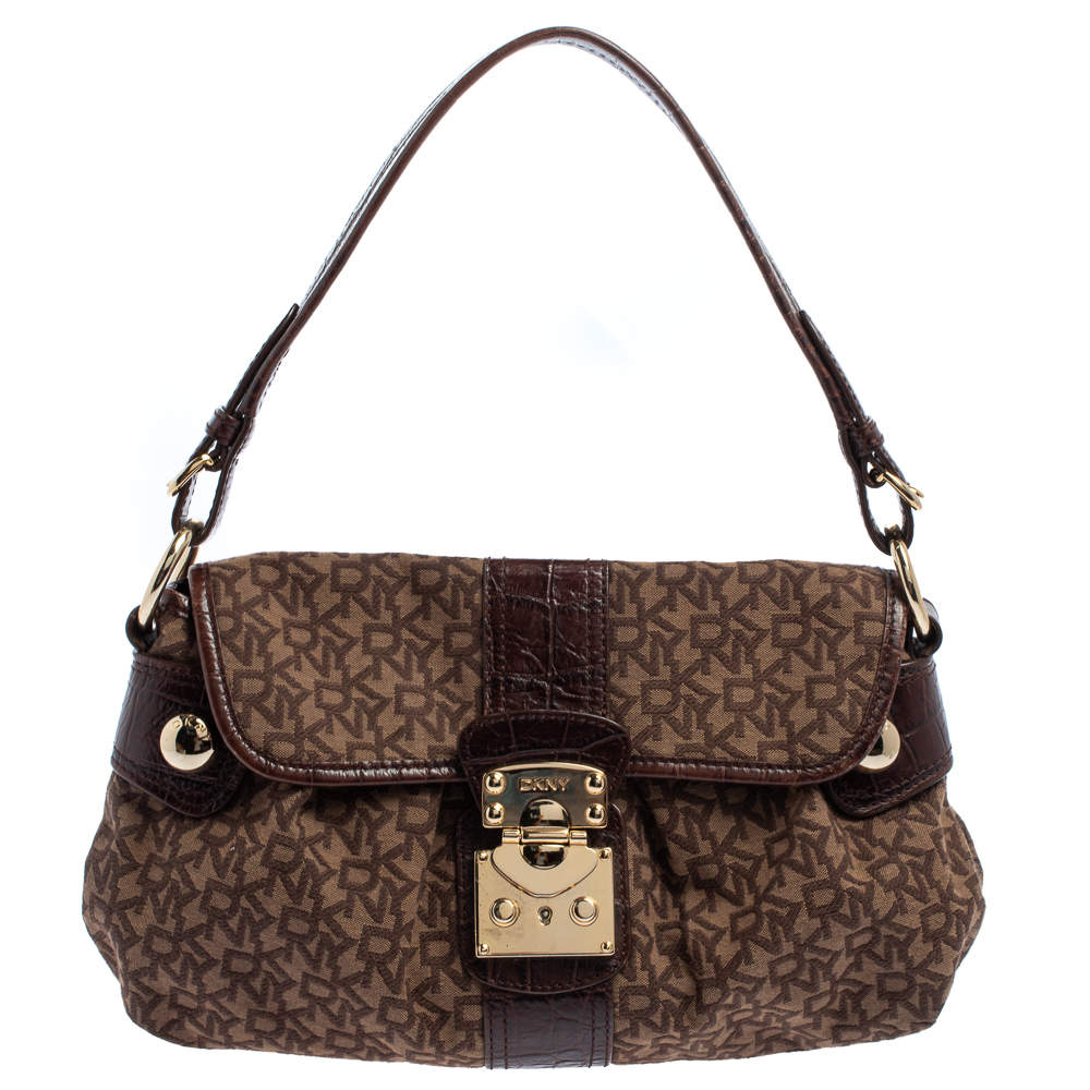 مملوكة مسبقًا Dkny Brown Signature Canvas and Croc Embossed Leather Push Lock Flap Hobo