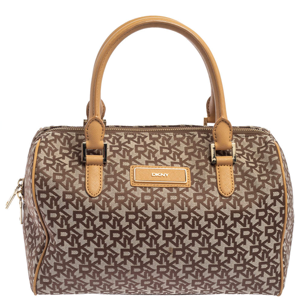 Pre Owned DKNY Beige/Tan Signature Canvas and Leather Boston Bag