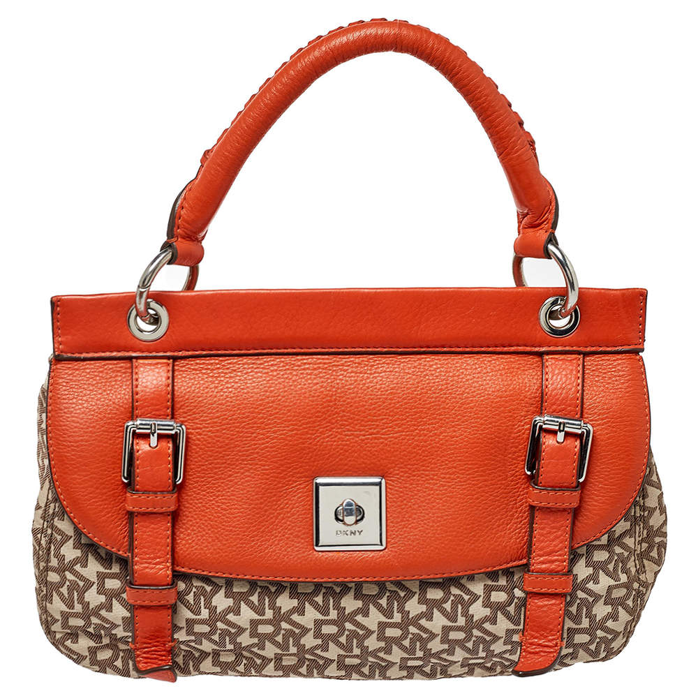 Dkny Orange/Beige Signature Canvas and Leather Top Handle Bag