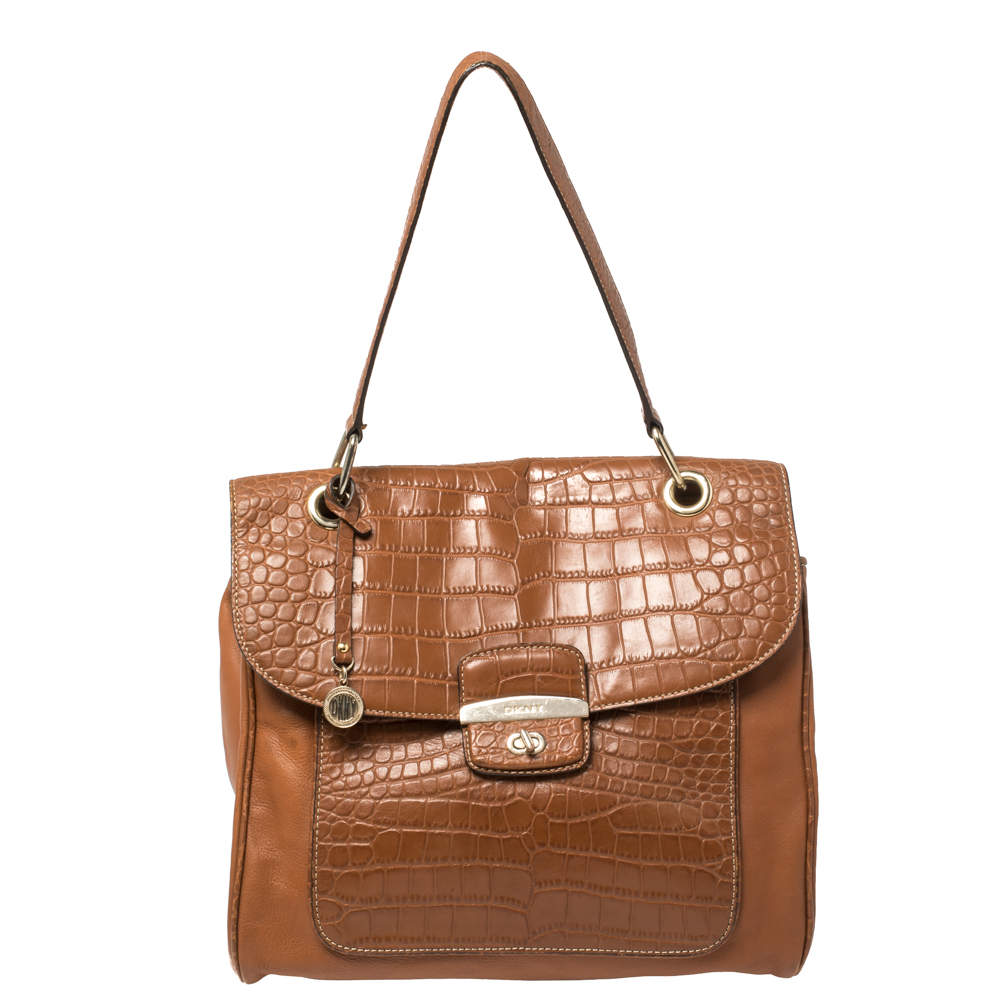 DKNY Brown Croc Embossed and Leather Turnlock Flap Top Handle Bag